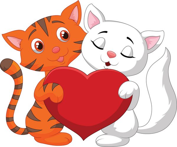 زوج گربه شادی که قلب قرمز در دست دارند