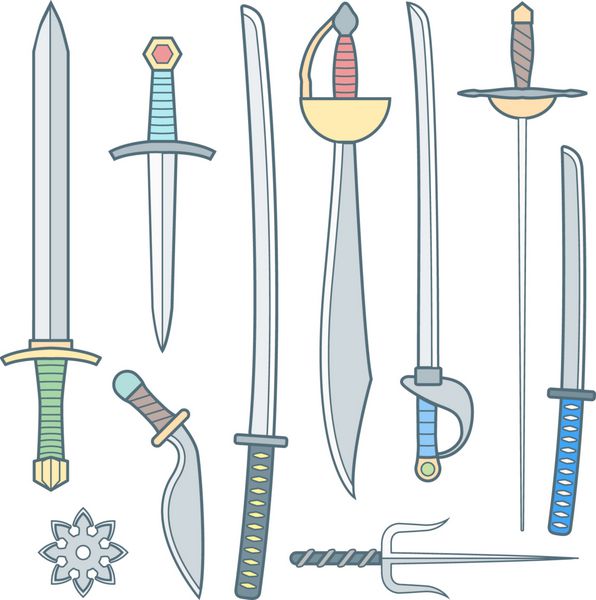 وکتور طرح رنگی مجموعه سلاح های سرد قرون وسطایی