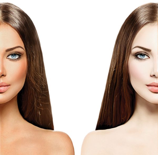 زن جوان زیبا با پوست برنزه قبل و بعد از برنزه شدن