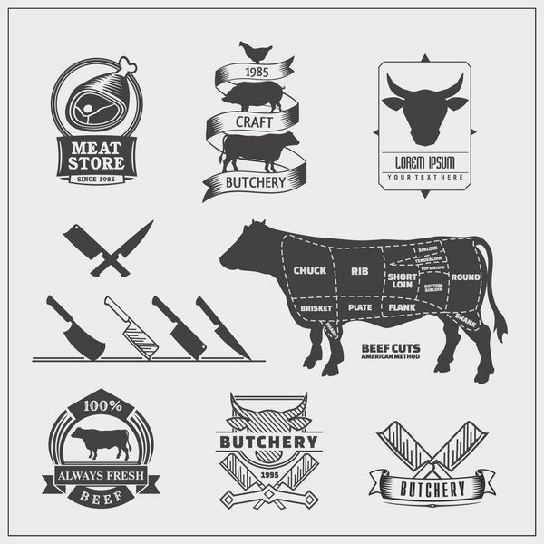برش های آمریکایی گوشت گاو مجموعه وکتور آرم گوشت گاو برچسب چاقو و عناصر طراحی