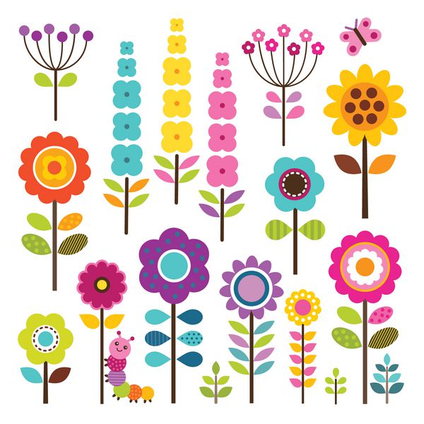 مجموعه ای از گل ها و حشرات سبک رترو در رنگ های روشن شامل کاترپیلار و پروانه است جدا شده روی سفید برای کارت های تبریک عید پاک شکرگزاری رزرو ضایعات برای رنگ های دیگر به برگه من مراجعه کنید