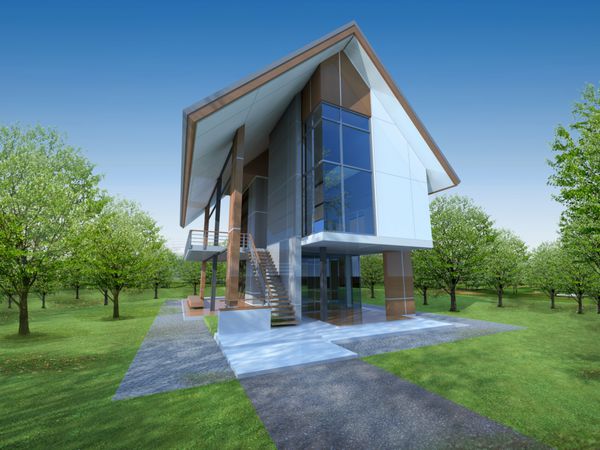 رندر سه بعدی خانه پایدار با فضای سبز