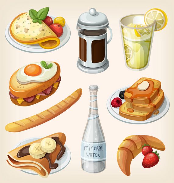 مجموعه ای از عناصر و غذاهای سنتی صبحانه فرانسوی