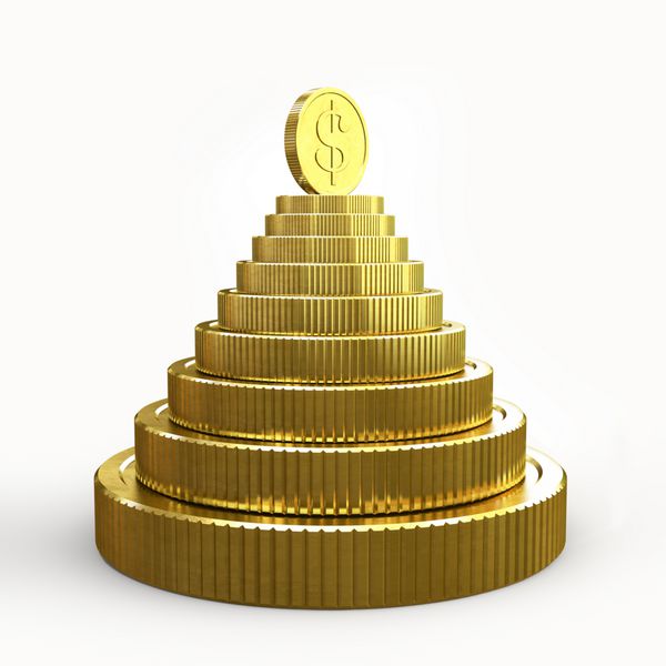 هرم سکه های طلایی جدا شده در پس زمینه سفید 3 بعدی