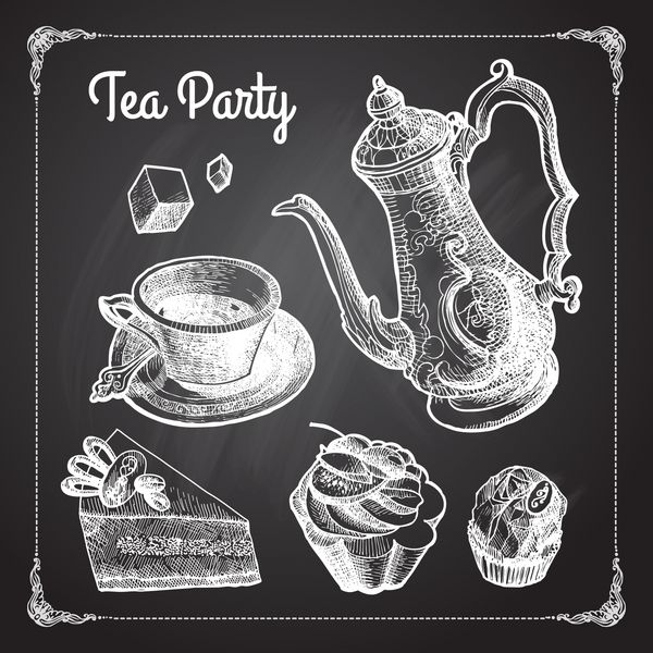 مجموعه ای از مجموعه چای با یک فنجان چای و کیسه های چای در طراحی سبک وینتیج با گچ روی تخته سیاه