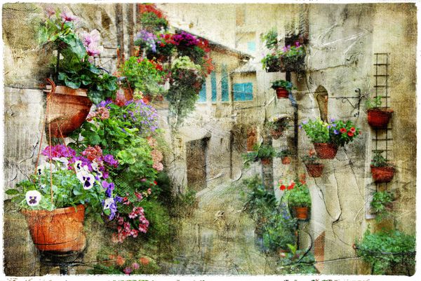 خیابان‌های گل‌دار جذاب در اسپلو آمبریا ایتالیا تصویر هنری