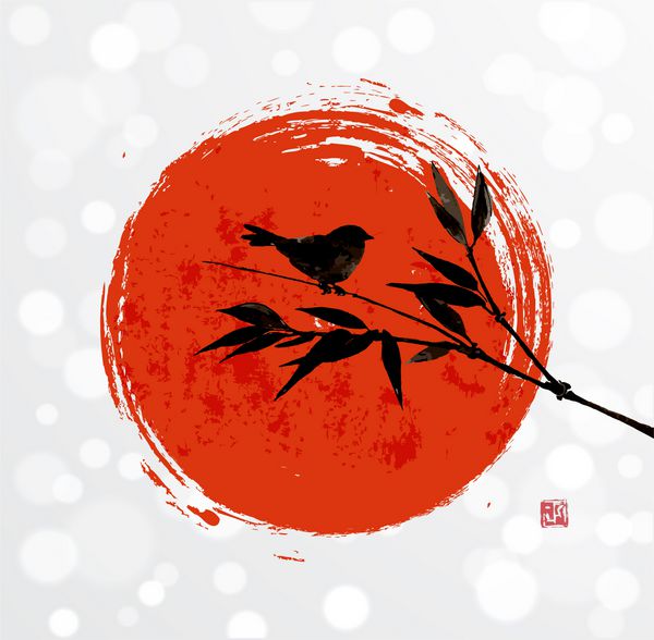 کارت با پرنده بامبو و خورشید قرمز بزرگ به سبک سومی با جوهر کشیده شده با دست وکتور نقاشی سنتی ژاپنی