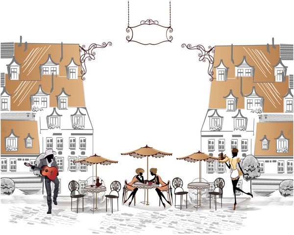 مجموعه ای از طرح های مناظر زیبای شهر قدیمی با کافه ها - قاب قهوه با دختران یک نوازنده یک پیشخدمت