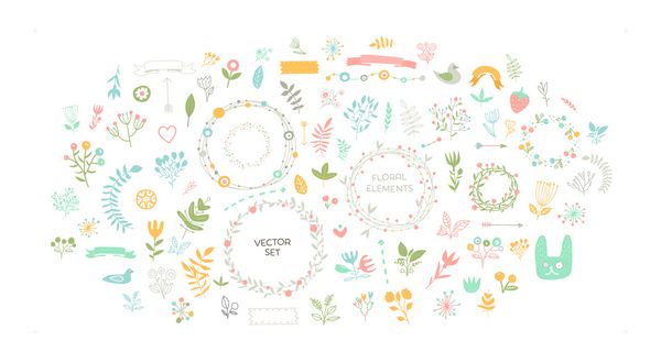مجموعه ای از تزئینات گل مجموعه عناصر وکتور با برگ و گل برای طراحی کارت تبریک بروشور و بنر