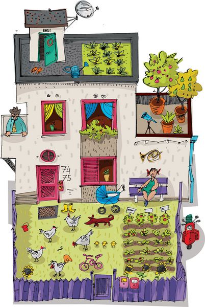 خانه سازگار با محیط زیست با باغ در بالا - کارتون