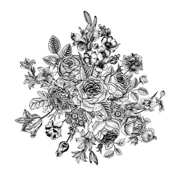 کارت گل دسته گل رز زنبق و شقایق وکتور قدیمی کلاسیک سیاه و سفید