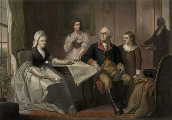 جورج و مارتا واشینگتون با نوه هایشان جرج واشینگتون پارک کوستیس و نلی کوستیس یک خدمتکار برده شده در سمت راست احتمالاً ویلیام لی یا کریستوفر شیلز است حدود 1790