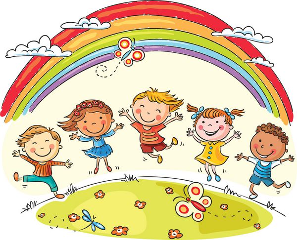 بچه ها با شادی روی تپه زیر رنگین کمان می پرند کارتون رنگارنگ