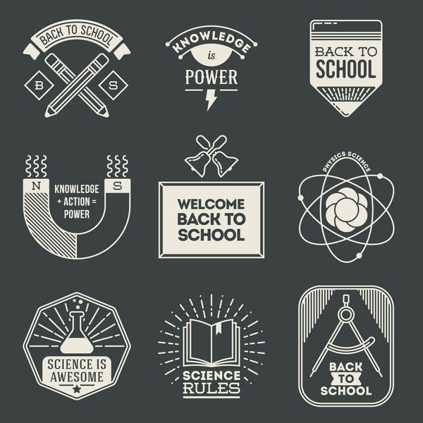 طراحی رترو نشان های لوگوی مدرسه و مجموعه علوم وکتور عناصر وینتیج