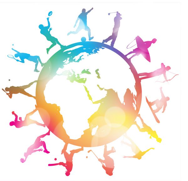 سیلوئت های ورزشی انتزاعی در اطراف یک کره رنگارنگ تصویر انتزاعی عالی از ورزشکاران مختلف ورزشی در سراسر جهان به صورت شبح