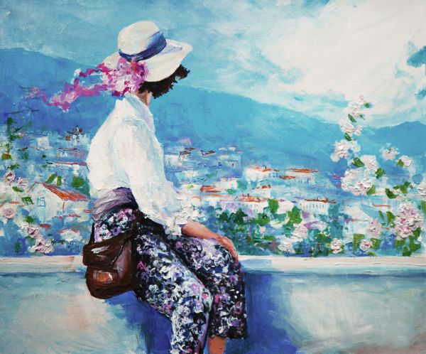 نقاشی رنگ روغن زنی نشسته و از بالا به شهر نگاه می کند