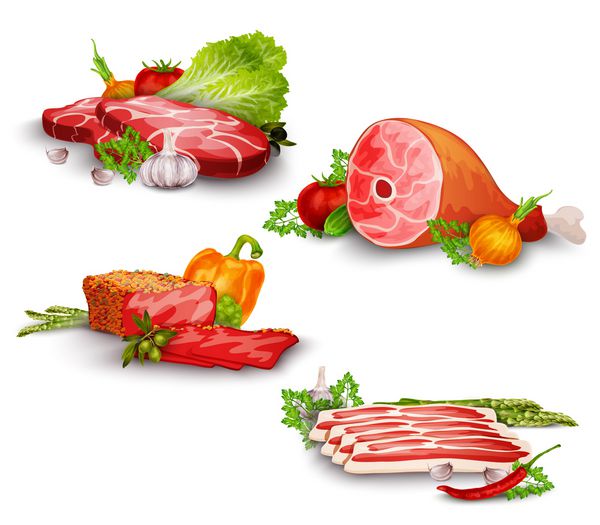 استیک گوشت خوک و گوشت گاو با مجموعه غذای سبزیجات جدا شده وکتور
