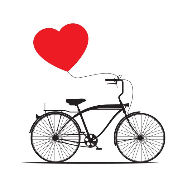 وکتور با دوچرخه رترو و بادکنک قلب قرمز