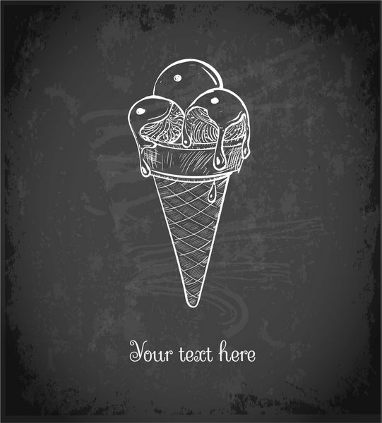 طرحی از مخروط بستنی با سه قاشق بستنی و رویه کارامل شکلاتی روی تخته سیاه