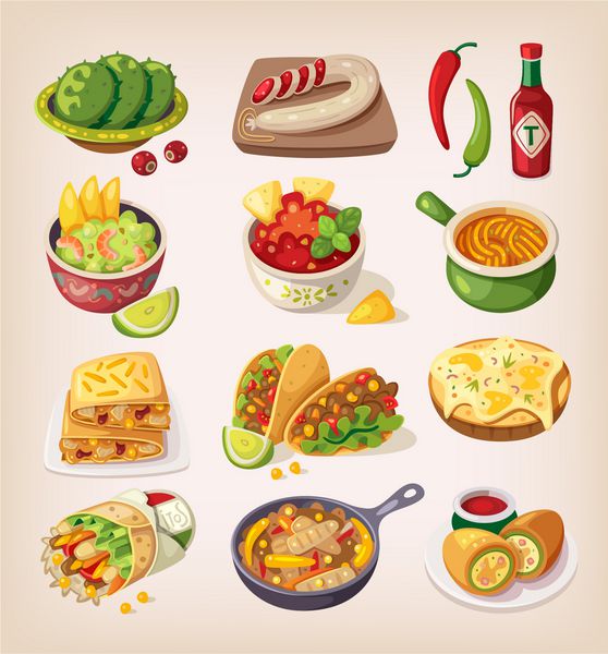 نمادهای خیابان مکزیکی رستوران و غذا و محصولات خانگی برای منوی قومیتی