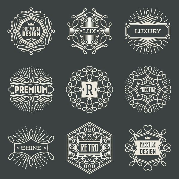 مجموعه قالب لوگو تایپ های طراحی رترو نشان های لوکس عناصر سبک وینتیج وکتور خط هنر قاب های براق هندسی زیبا