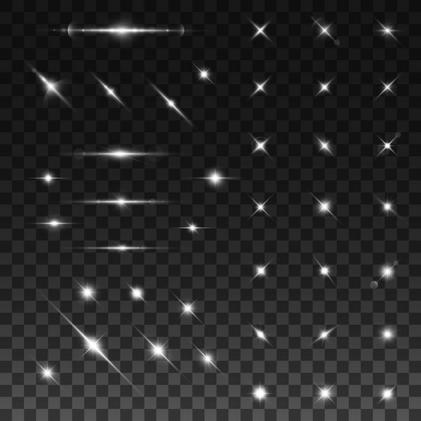 مجموعه ای فوق العاده از چراغ های درخشان ستاره ها و درخشش ها جدا شده بر روی پس زمینه شفاف سیاه و سفید تصاویر وکتور 