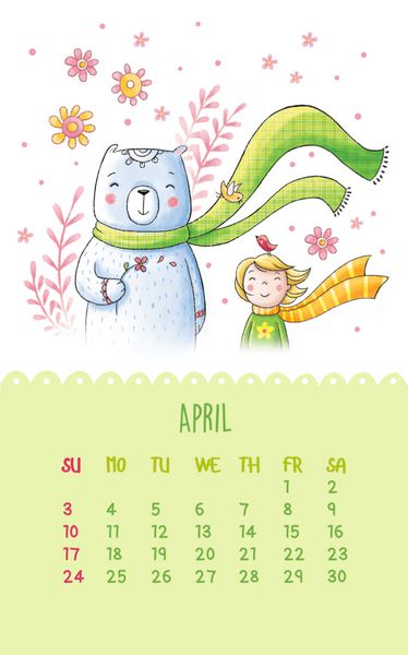 تقویم زیبا برای سال 2016 با تصویر نقاشی دستی آوریل تصویر کارتونی با دختر خرس و گل می تواند مانند کارت های تبریک تولد استفاده شود