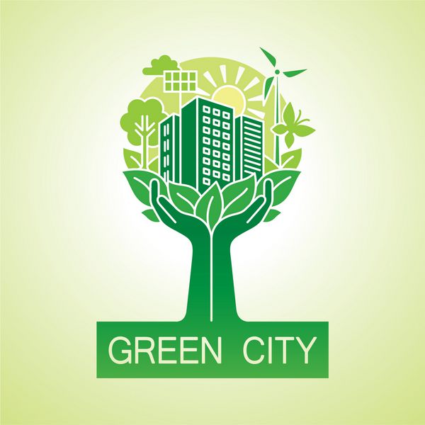 لوگوی شهر سبز برو مفهوم اکولوژی دست ها شهر را نگه می دارند وکتور