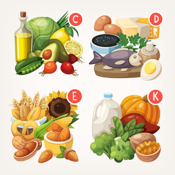 گروه هایی از میوه های سالم سبزیجات گوشت ماهی و محصولات لبنی حاوی ویتامین های خاص