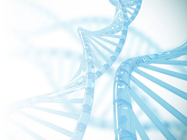 ساختار DNA آبی شفاف با پس زمینه تار تصویر سه بعدی
