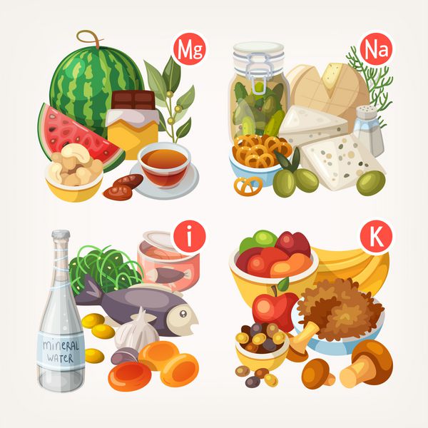 گروه هایی از میوه های سالم سبزیجات گوشت ماهی و محصولات لبنی حاوی ویتامین های خاص