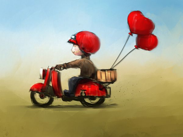 نقاشی دیجیتال موتور سیکلت اسکوتر سواری پسر با بادکنک قلب بافت روغن روی بوم