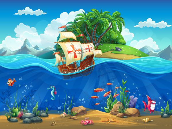 دنیای کارتونی زیر آب با ماهی گیاهان جزیره و کارول