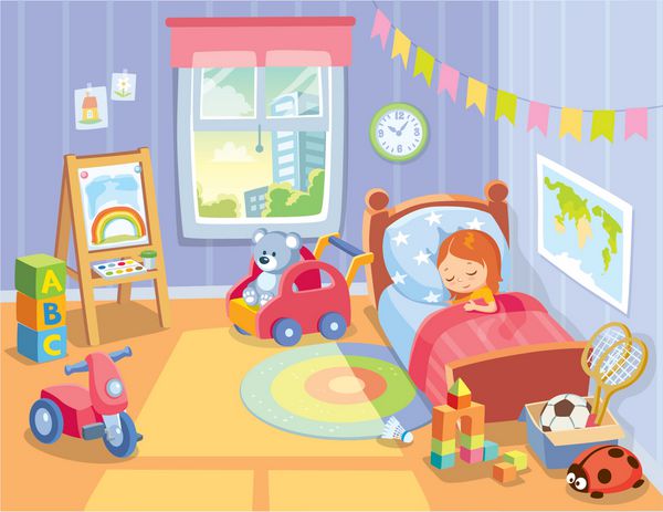 فضای داخلی اتاق خواب کودکان دنج با مبلمان و اسباب بازی