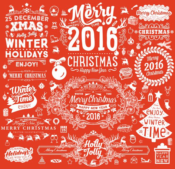 ست تزیینات کریسمس عناصر تعطیلات برای کارت های تبریک برچسب ها نشان ها و لوگوهای قدیمی تایپوگرافیک مجموعه خوشنویسی را شکوفا می کند