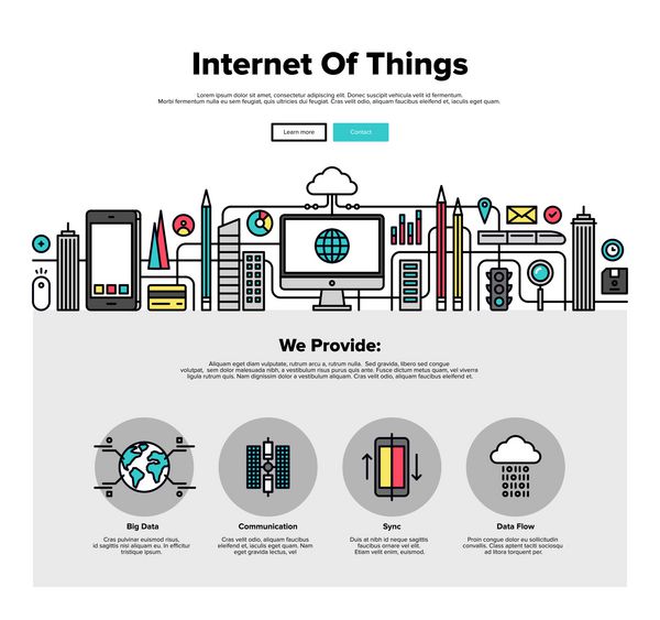 قالب طراحی وب یک صفحه ای با نمادهای خط نازک فناوری داده اینترنت اشیا زیرساخت شبکه اتصال همه چیز طرح بندی عناصر وب سایت مفهوم تصویر قهرمان گرافیکی طراحی تخت