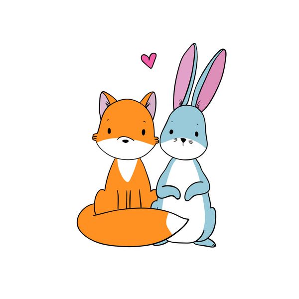 روباه و خرگوش کارتونی زیبا طراحی دستی اشیاء جدا شده در پس زمینه سفید وکتور