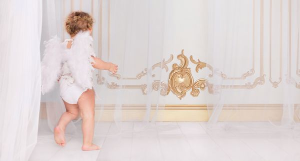 کودک نوپا فرفری زیبا در حالی که من با بالهایی مانند کوپید با فلوت خود در اتاق سفید به سبک اوکی لباس می پوشم روز قدیس