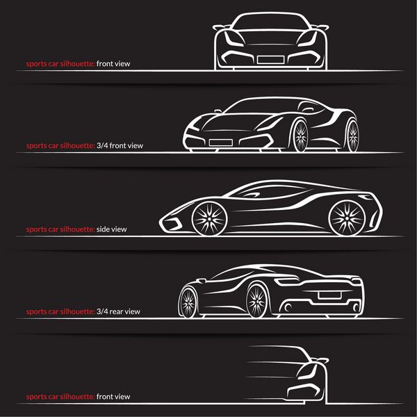 ماشین فوق العاده مدرن تصاویر وکتور ماشین اسپرت خطوط کلی خطوط جدا شده در پس زمینه سیاه نمای جلو عقب و جانبی