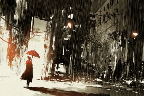 زن تنها با چتر در شهر متروکه نقاشی دیجیتال تصویر