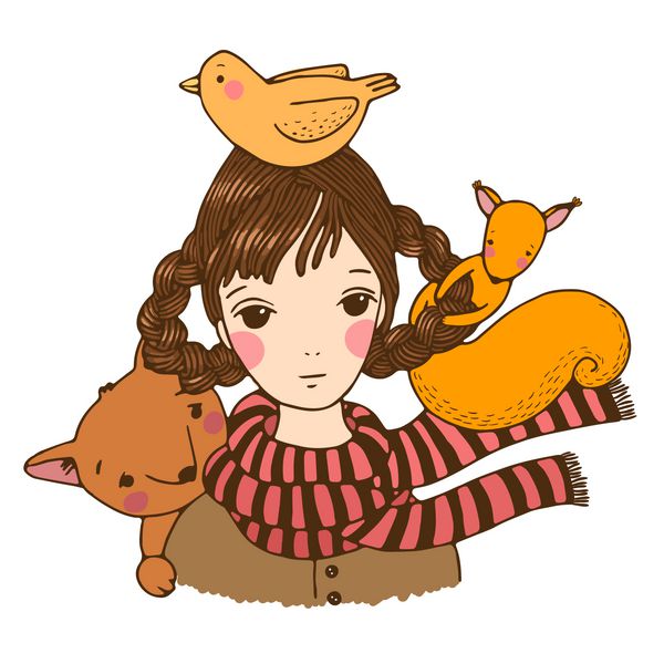 دختر جوان زیبا با یک روباه یک سنجاب و یک پرنده طراحی دستی اشیاء جدا شده در پس زمینه سفید وکتور