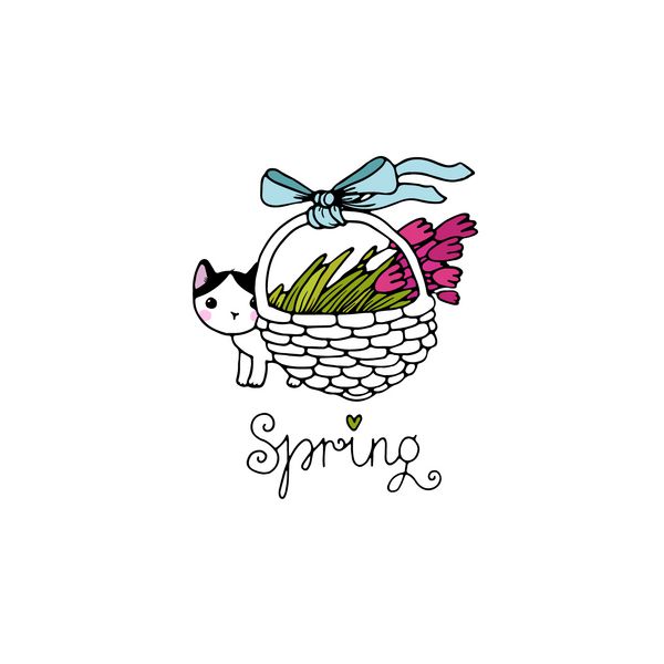 گربه خالدار کوچک ناز گل در یک سبد متن بهار طراحی دستی اشیاء جدا شده در پس زمینه سفید وکتور