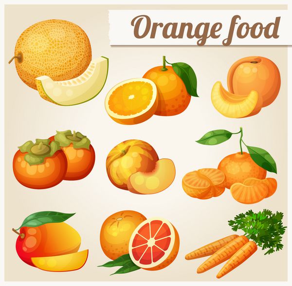 مجموعه ای از آیکون های کارتونی غذای نارنجی خربزه پرتقال هلو زردآلو خرمالو ماندارین انبه گریپ فروت هویج
