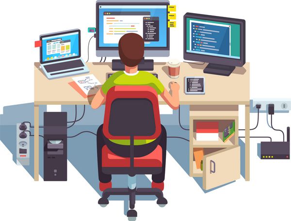 برنامه نویس حرفه ای که روی میز بزرگ خود با نمایشگرهای متعدد و رایانه لپ تاپ کد می نویسد وکتور مدرن رنگی به سبک تخت