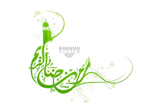 خوشنویسی اسلامی عربی سبز خلاقانه متن رمضان الموک به شکل هلال ماه با مسجد برای جشن جشنواره ماه مبارک جامعه مسلمانان