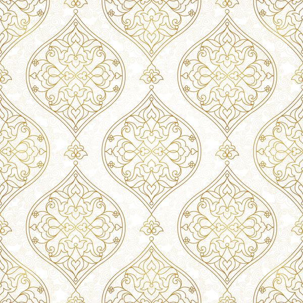 عنصر طراحی وینتیج در سبک شرقی وکتور الگوی بدون درز با تزئینات گلدار زینتی سعی میکنم تصویر تزئینی طلایی برای کاغذ دیواری دکوراسیون سنتی عربی در زمینه روشن