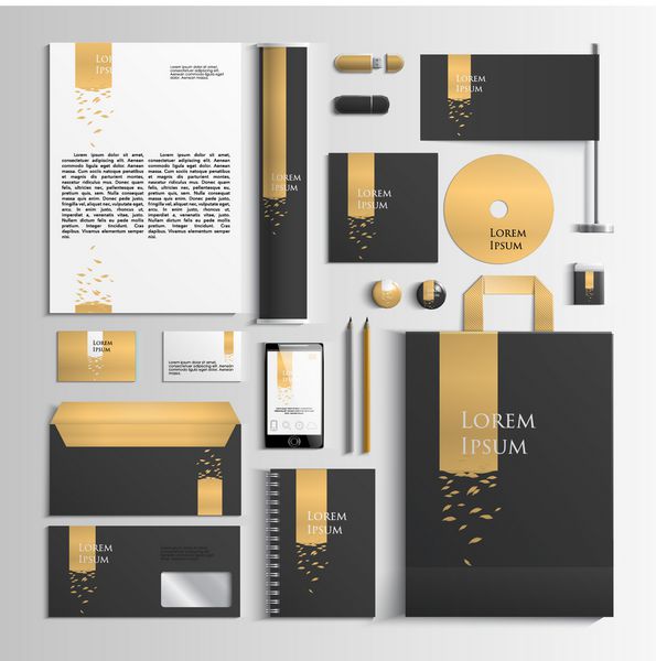 الگوی هویت شرکتی در رنگ های مشکی و طلایی با تصویر با برگ بردار سبک شرکت برای کتاب و راهنمای برند قسمت 10