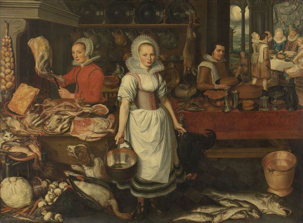 صحنه آشپزخانه با تمثیل مرد ثروتمند و لازاروس فقیر attrib به پیتر ون ریک 1615 نقاشی هلندی رنگ روغن روی بوم دو آشپز در آشپزخانه ضیافتی تهیه می کنند که برای خانواده ای سرو می شود