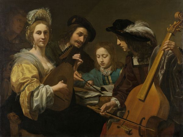 یک مهمانی موزیکال اثر جرارد ون کوئیل 1651 نقاشی هلندی رنگ روغن روی بوم یک مرد جوان یک درس موسیقی یا آواز دریافت می کند او توسط زنی با عود و مردی با ویولن سل قاب شده است