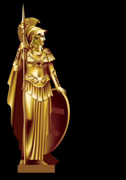 مجسمه طلایی الهه آتنا با سر در نیم رخ در پس زمینه سیاه